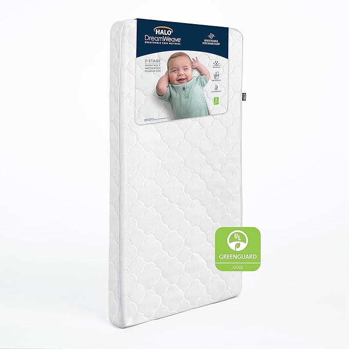 HALO DreamWeave Crib & Toddler Mattress - 100% Breathable Mattress and Core, Dual Sided 2-Stage Design, Machine Washable Cover, Hypoallergenic, Open Strand Polymer Core, Greenguard Cert.
