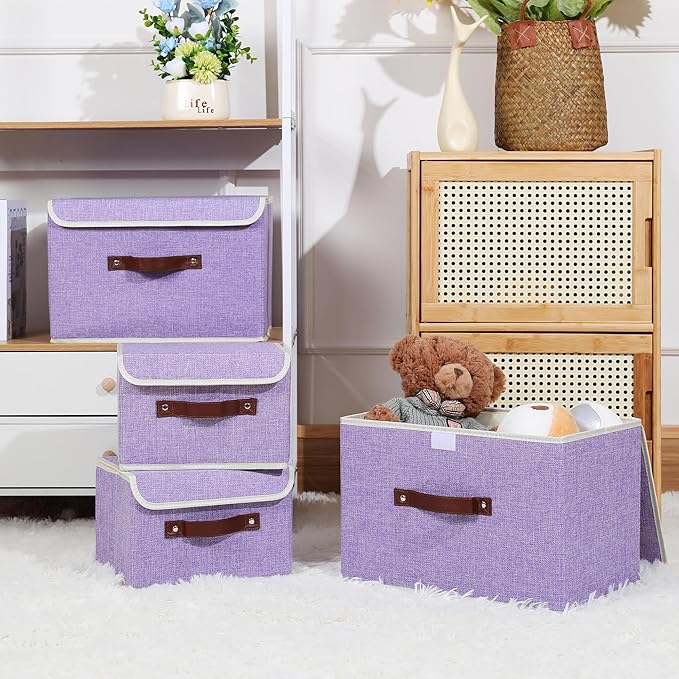 ANMINY 2PCS Storage Bins with Lid PU Leather Handles Storage Boxes PP Plastic Board Decorative Foldable Lidded Cotton Linen Fabric Home Cubes Baskets Closet Organizer Containers - Purple, Large Size