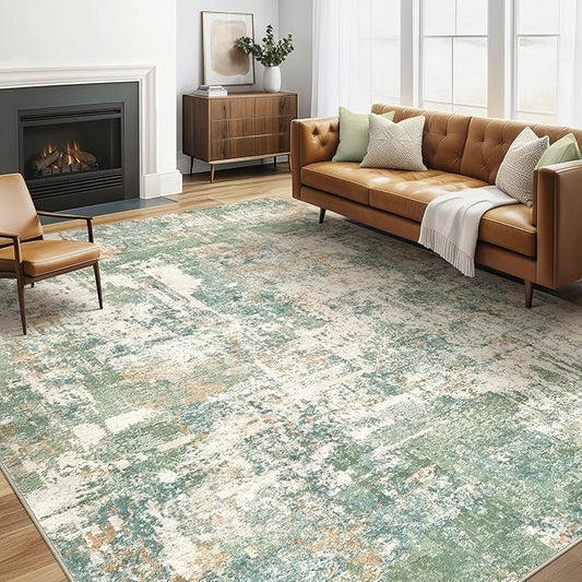 5x7 Area Rugs Living Room: Washable Large Abstract Soft Green Rug Stain Resistant Indoor Floor Non-Slip Accent Carpet for Men Modern Home Enthusiasts Aged 25-45 - Bedroom Office Playroom