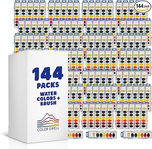 Color Swell 144 Set Bulk Watercolor Paint Pack with Wood Brushes 8 Colors Washable Water Colors Perfect for Kids Classroom Parties Students All Ages