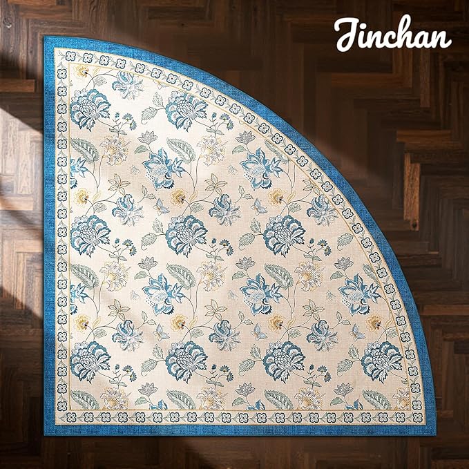 jinchan Floral Corner Rug for Kitchen Washable Nursery Rug Vintage Romance Design Non Slip Quarter Circle Lightweight Low-Pile Throw Carpet for Playroom Reading Nook Office, 5ft Radius, Blue/Beige