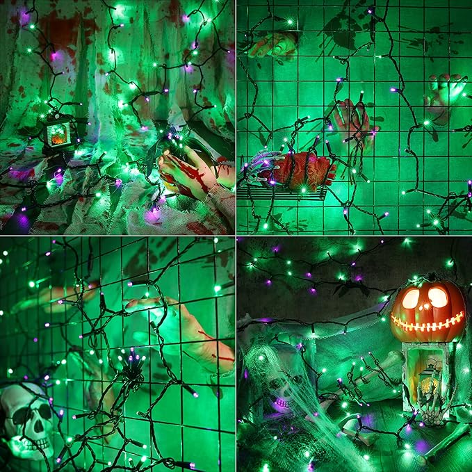 Brizled Purple & Green Halloween Lights, 33ft 100 LED Halloween String Lights 5mm Wide Angle String Lights, 120V UL Certified Connectable Halloween Lights Outdoor for Party Halloween Decor, Black Wire