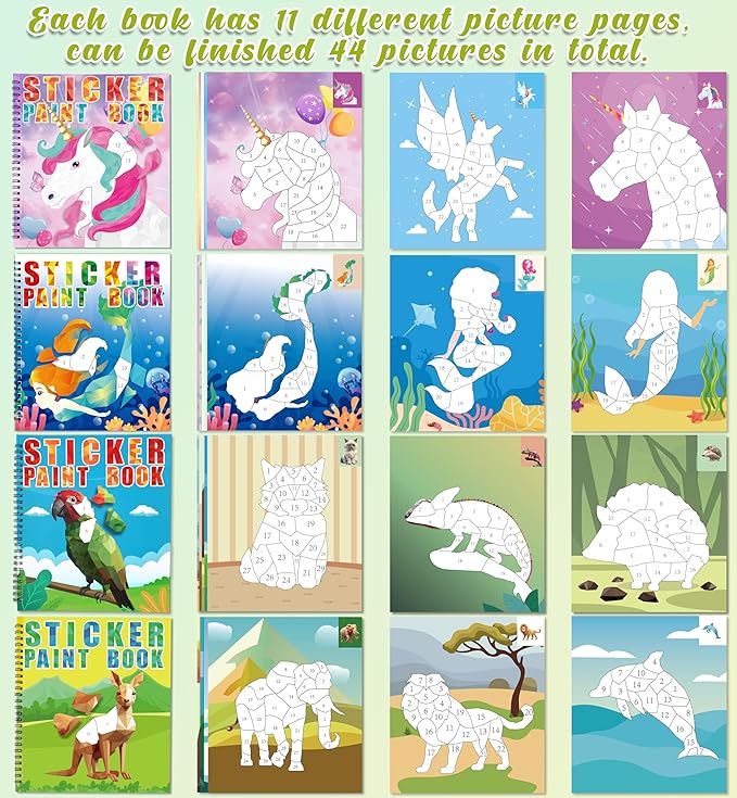 90shine 4PCS Sticker Books for Kids Ages 4-8 Sea-Maid Horned Horse Zoo Pet Themed Designs Party Gift Create 44 Pictures