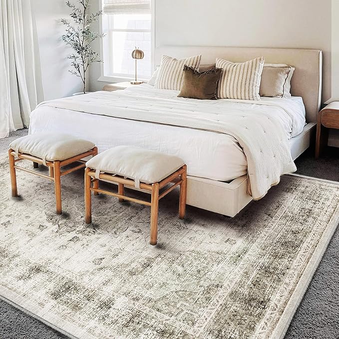 Area Rug 6'x9' Washable Vintage Floral Khaki Traditional Floor Cover Thin Retro Kitchen Indoor Distressed Non Slip Carpet for Living Room Bedroom Dining Room