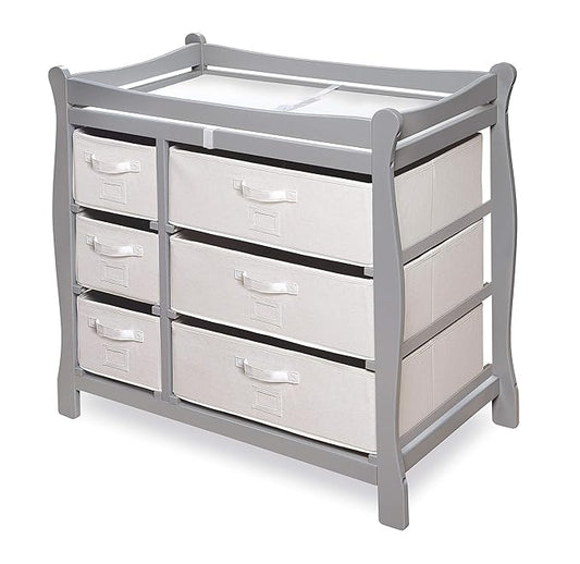 Badger Basket Sleigh Style Baby Changing Table - Diaper Station with 6 Removable Storage Baskets, Safety Rails, Pad, and Belt - Nursery Organizer - Gray/White