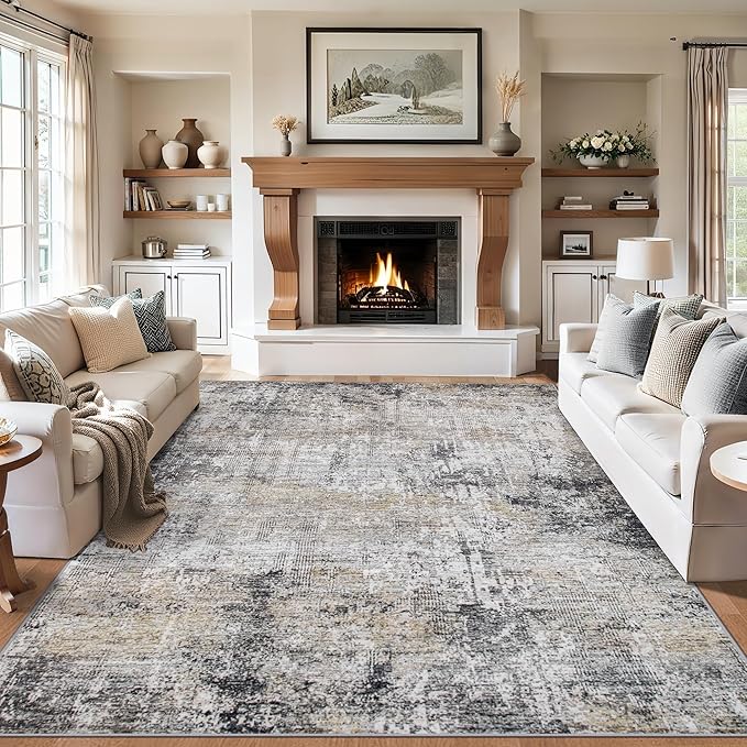 Area Rugs Living Room Rug - 4x6 Washable Modern Abstract Soft Neutral Non-Slip Carpet Large Indoor Floor Thin Carpets for Bedroom Dining Room Farmhouse Nursery Home Office Brown Black Grey