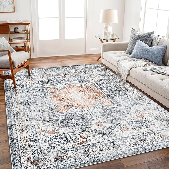 Area Rug 4x6 Washable Vintage Cover Foldable Thin Retro Accent Indoor Distressed Non Slip Carpet Floral Print Mat Bedroom Living Room Bathroom