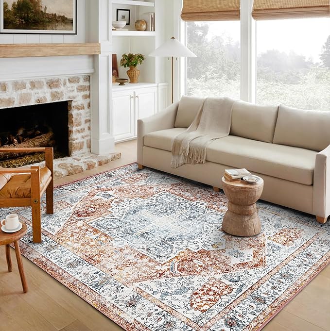 5x7 Washable Area Rug Vintage Traditional Floor Cover Foldable Thin Rug Retro Kitchen Accent Rug Indoor Distressed Non Slip Carpet Floral Print Mat Bedroom Living Room Bathroom