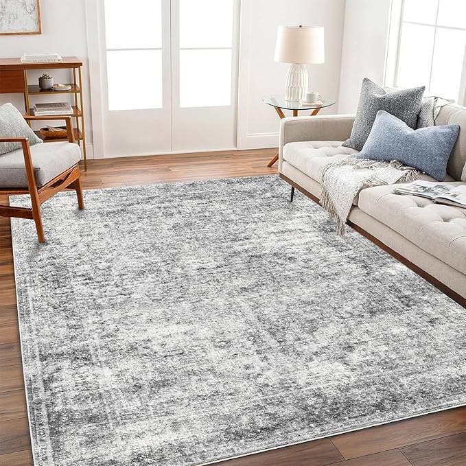 Area Rug 10x14 Washable Gray Vintage Traditional Mat Distressed Indoor Foldable Thin Retro Accent Floral Non Slip Carpet for Living Room Dining Room Office