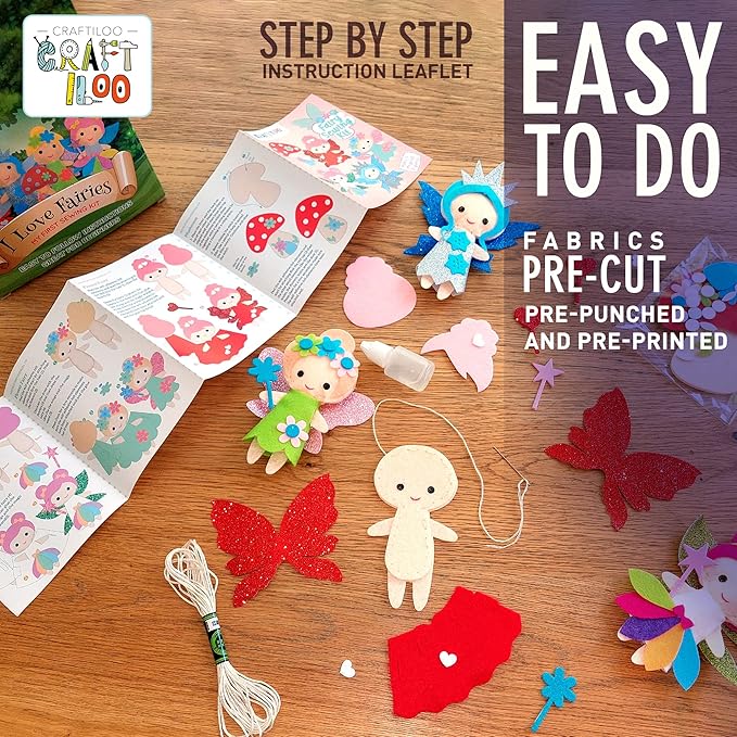 CRAFTILOO Fairy Sewing Kits for Little Girls 5 Easy Projects for Childrens Kid Crafts Make Your Own Felt Pillow Plush Craft Kit My First Sewing Kit Learn to Sew