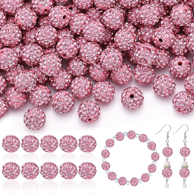 200pcs 10mm Rhinestone Beads for Jewelry Making, Pink Shiny Round Disco Ball Beads Bulk, Sparkle Crystal Clay Christmas for Bracelet Baseball Necklace Earring Crafting and DIY
