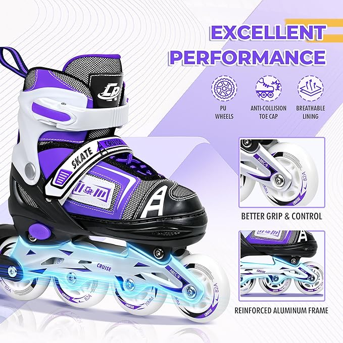 Adjustable Inline Skates for Kids, Teens, and Adults – ABEC-7 Bearings, PU Wheels, Comfortable Fit, for Indoor and Outdoor Skating