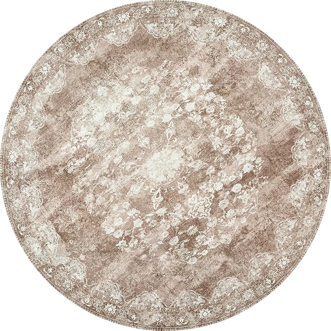 jinchan Round Rug 5ft Area Rug - Brown Vintage Floor Mat Kitchen Indoor - Washable Circle 5' Thin Floral Print Carpet Retro Farmhouse Non Slip Dining Room Living Room Bedroom Office