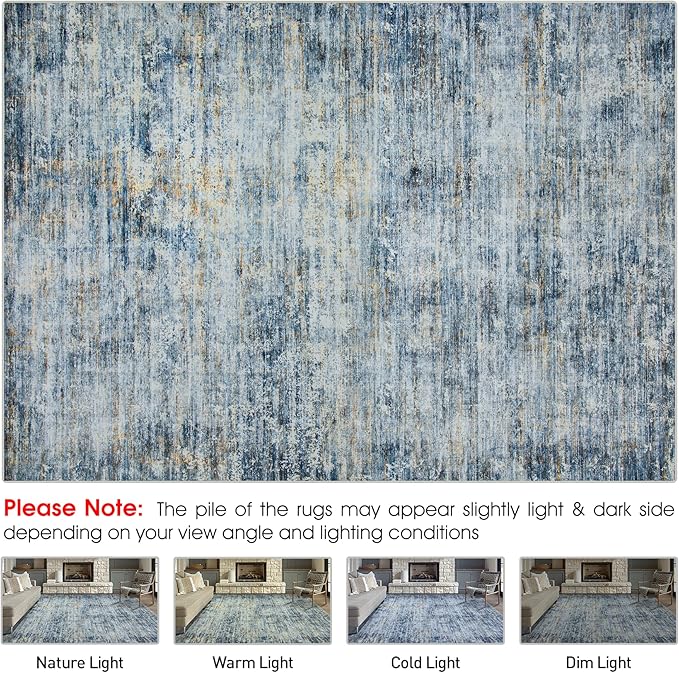 Area Rugs 8x10 Living Room Rugs: Large Modern Abstract Washable Rug with Non-Slip Backing, Thin Carpet for Dining Room Table Bedroom Nursery Indoor Home Office-Blue/Brown