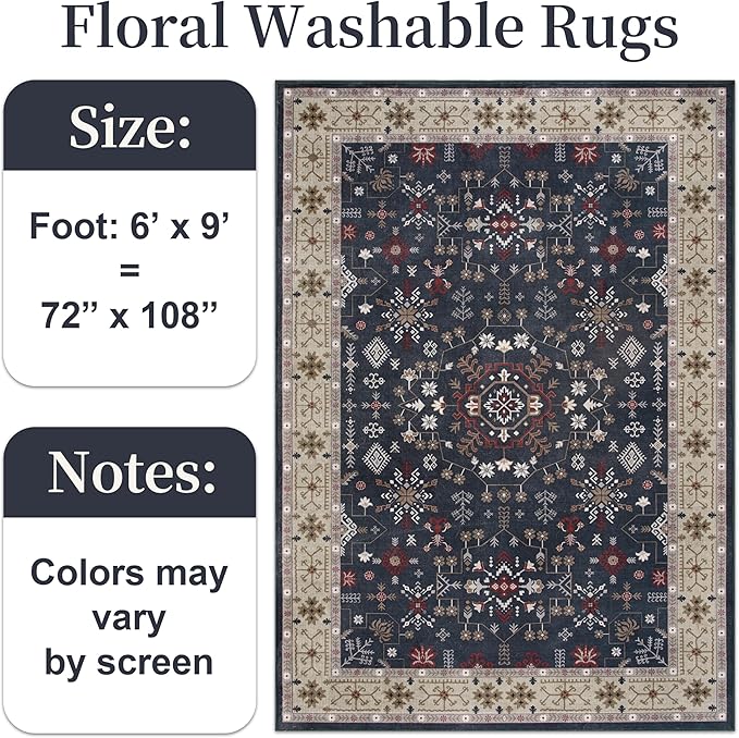 6x9 Washable Blue Area Rug for Living Room Bedroom, Boho Dining Room Rugs for Under Table, Large Low Pile Non-Slip Vintage Print Carpets for Farmhouse, Office, Dorm
