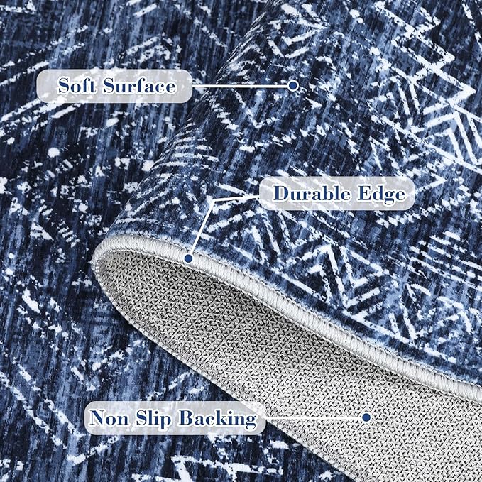 COZYLOOM Washable Area Rugs 10x13 Vintage Non Slip Low Pile Rug Soft Throw Floor Cover Geometric Tribal Foldable Indoor Carpet for Living Room Bedroom Playroom Nursery, Blue
