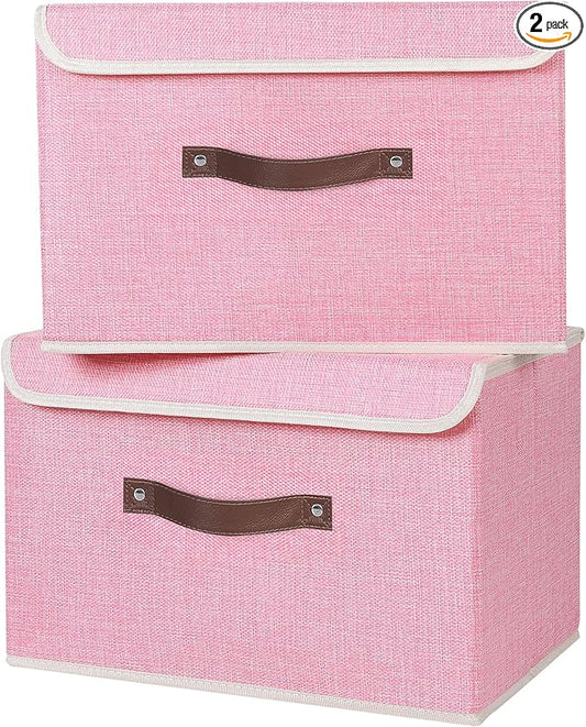 ANMINY 2PCS Storage Bins with Lid PU Leather Handles Storage Boxes PP Plastic Board Decorative Foldable Lidded Cotton Linen Fabric Home Cubes Baskets Closet Organizer Containers - Pink, Large Size