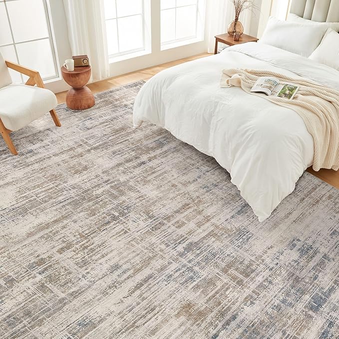 Area Rug for Living Room: 10x14 Washable Neutral Abstract Modern Soft Rugs Non Slip Indoor Floor Stain Resistant Large Carpet for Bedroom Dining Room Office Nursery - Brown