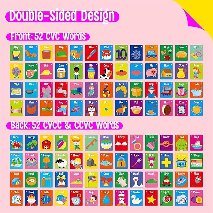 52 PCS Word Flashcards, 52 CVC Words & 52 CVCC, CCVC Words Double-Sided Cards with 2 Rings, Vocabulary Phonics Learning, Educational Tool for Preschool, Kindergarten, Toddlers