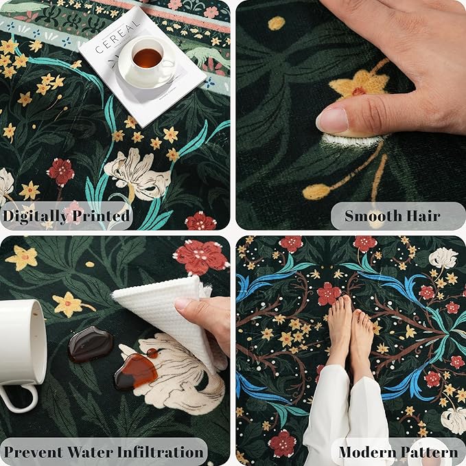 5x7 Washable Rug Vintage Floral Botanical Area Rug Non Slip Low Pile Large Rugs for Living Room, Bedroom, Farmhouse, Dining Room, Kids Playroom, Green