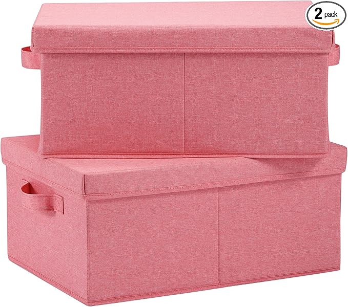 HOONEX Linen Foldable Storage Bins with Lids, 2 Pack, Storage Boxes with Carrying Handles and Sturdy Heavy Cardboard, 16.5" L x 11.8" W x 7.5" H for Shoes, Books, Clothes, Nursery, Pink