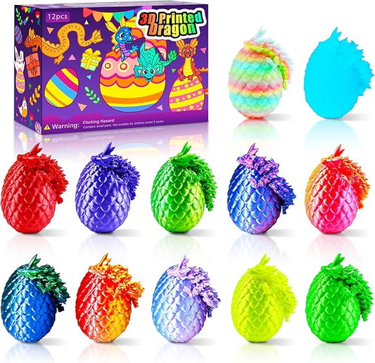 12PCS 3D Dragon Eggs with Dragon Inside, Easter Basket Stuffers Mini Easter Egg Set Articulated Unique Easter Basket Essentials for Adults Kids