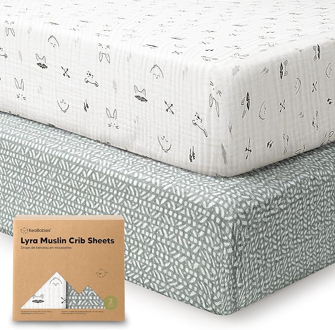 KeaBabies 2-Pack Muslin Crib Sheets for Boys, Girls - 100% Organic Cotton Fitted Baby Crib Mattress Sheet, Soft Breathable Standard Toddler Bed Cover Bedding Set, Neutral, Durable 52x28 (Nordic)