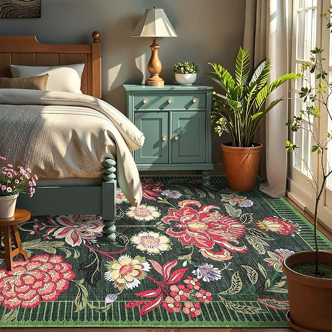 GarveeHome Forest Green Floral Botanical Washable Rugs 5x7 Area Rug for Living Room, Vintage Boho Cottage Throw Rugs Low Pile Carpet for Bedroom Dining Nursery Rug