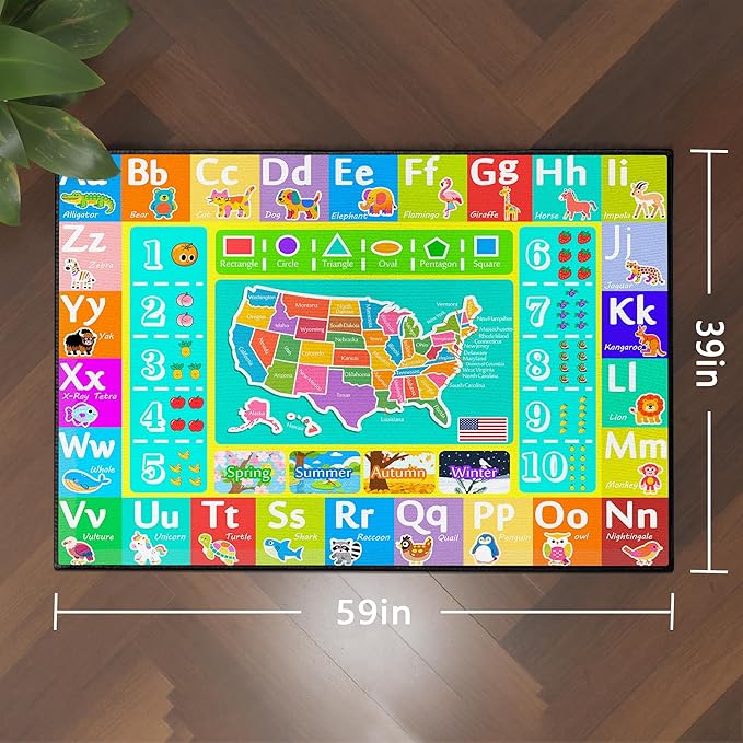 ABC Rug for Kids Playroom, 59"x39" Washable Classroom Area Rugs, Educational Learning Mat with Alphabet Numbers Animals Seasons Shapes for Classroom Preschool Playroom