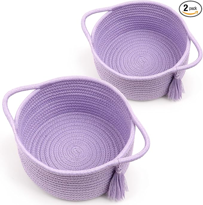 Empty Gift Basket - SweetMemo Mini Woven Rope Organizer Baskets for Baby Shower, Vanity, Makeup Brushes, Bathroom, Shelves, Desk - Small Decorative Storage Bins - Set of 2, Pre-Shaped, Lilac Purple