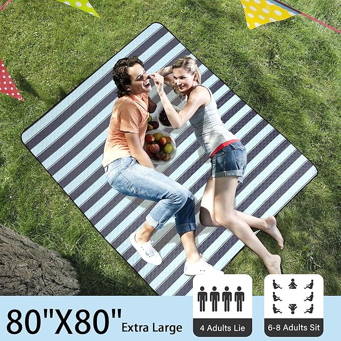 HX&OD Extra Large Picnic Outdoor Blanket, 80”x80” Waterproof Picnic Mat Foldable Camping Blanket Portable with Carry Strap for Beach Mat Outdoor Camping Party(Grey&Green)