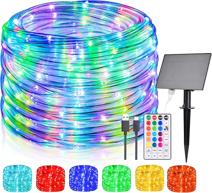 66FT Solar Rope Lights Outdoor Waterproof, 18 Colors Changing 200 LED String Light USB & Solar Powered with Remote, Tube Light Fairy Lighting for Outside Patio Fence Pool Christmas Decor