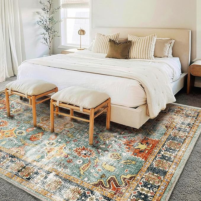 Area Rug 8'x10' Washable Rug Vintage Traditional Mat Distressed Indoor Foldable Thin Retro Accent Floral Print Non Slip Carpet for Living Room Dining Room Office