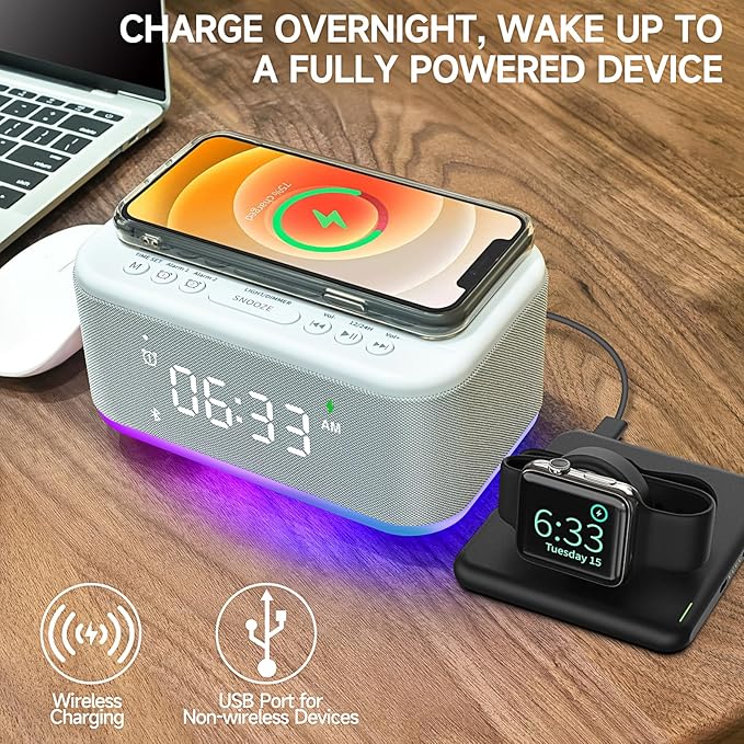 Alarm Clock Speaker Wireless Charger, Digital Alarm Clocks Bedrooms Bluetooth, Alarm Clock Dimmable Light Bedrooms Dual Alarm Snooze Dimmer 12 24H RGB Night Light Bluetooth USB AUX, Gray