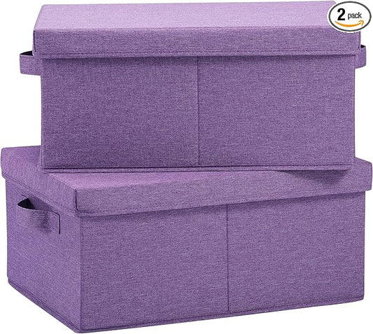 HOONEX Foldable Storage Bins with Lids, Pack of 2, Storage Boxes with 2 Carrying Handles and Sturdy Heavy Cardboard, 16.5" L x 11.8" W x 7.5" H for Shoes, Books, Clothes, Purple