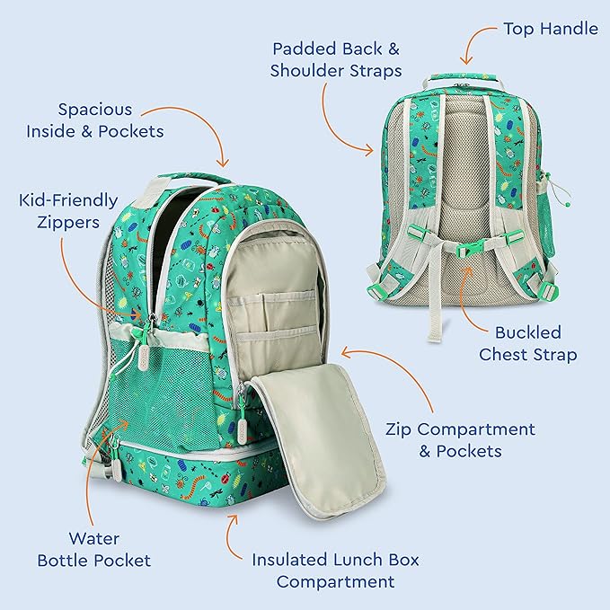 Bentgo Kids 2-in-1 Backpack & Insulated Lunch Bag - Durable 16” Backpack & Lunch Container in Unique Prints for School & Travel - Water Resistant, Padded & Large Compartments (Bug Buddies)