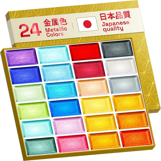 ARTISTRO Professional Metallic Watercolor Paint Set for Adults - 24 Pigment-Rich Colors, XL Pans, ASTM-I Lightfastness, High Tinting Strength Watercolor Set for Professionals made by professionals