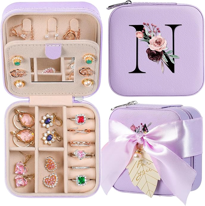 AYGXU Travel Jewelry Box for Women and Girls - Small Case With Initial A-Z - Teacher Gifts