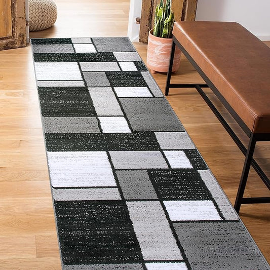 Contemporary Modern Boxes Grey Area Rug Runner 2' x 7' 2"