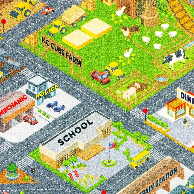 KC Cubs 3x5 Country Farm Construction Car Road Street Rug – Educational Carpet Play Mat for Kids, Toddlers, Nursery, Classroom, Playroom, Baby Daycare