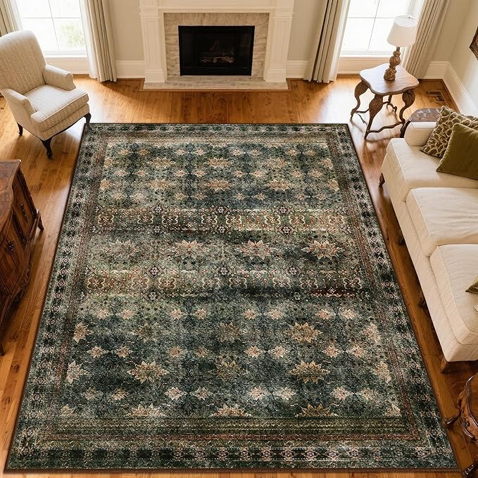 4x6 Area Rug for Bedroom Machine Washable, Non Slip Vintage Floral Kitchen Rugs for Dining Room, Rustic Indoor Floor Carpet for Kids Room, Playroom, Farmhouse(Dark Green/Brown/Multi)