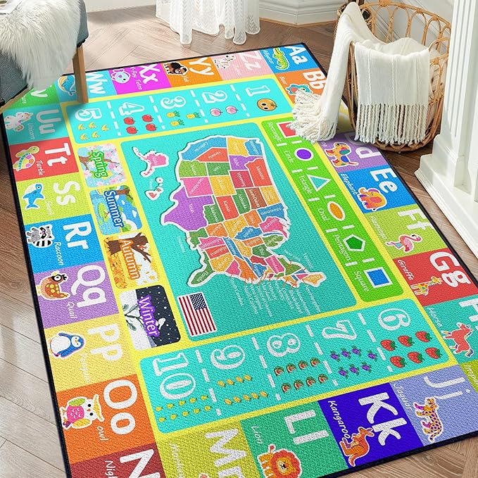 ABC Rug for Kids Playroom, 2x3 Washable Classroom Area Rugs, Educational Learning Mat with Alphabet Numbers Animals Seasons Shapes for Classroom Preschool Playroom