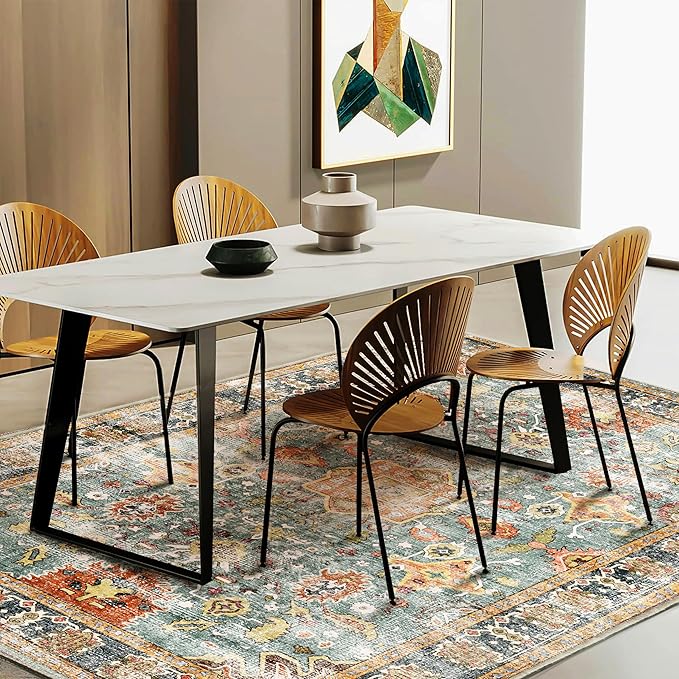 Area Rug 8'x10' Washable Rug Vintage Traditional Mat Distressed Indoor Foldable Thin Retro Accent Floral Print Non Slip Carpet for Living Room Dining Room Office